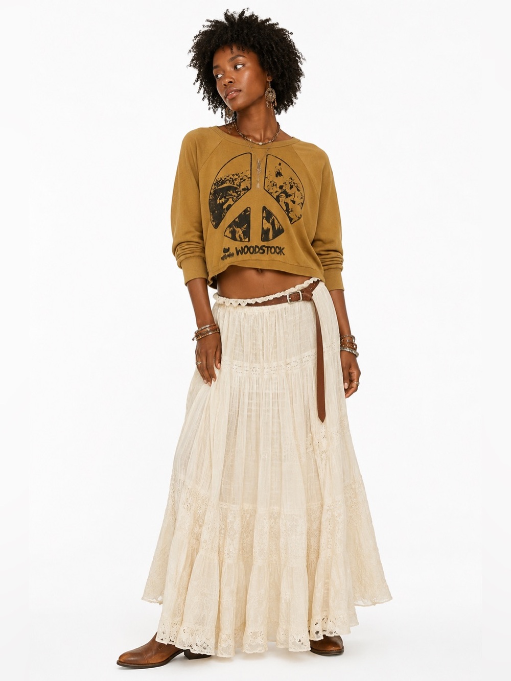 Chaser Woodstock Peace Sign Cropped Sweatshirt XS Boho Festival Graphic Top